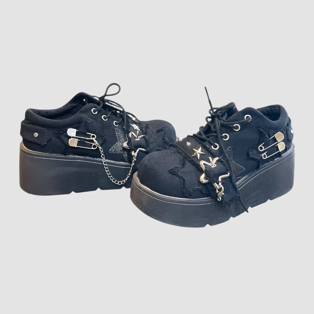Y2K Star Print Chunky Platform Ankle Women Metal Chain Black Denim Shoes 6.5W 37 - Picture 3 of 9